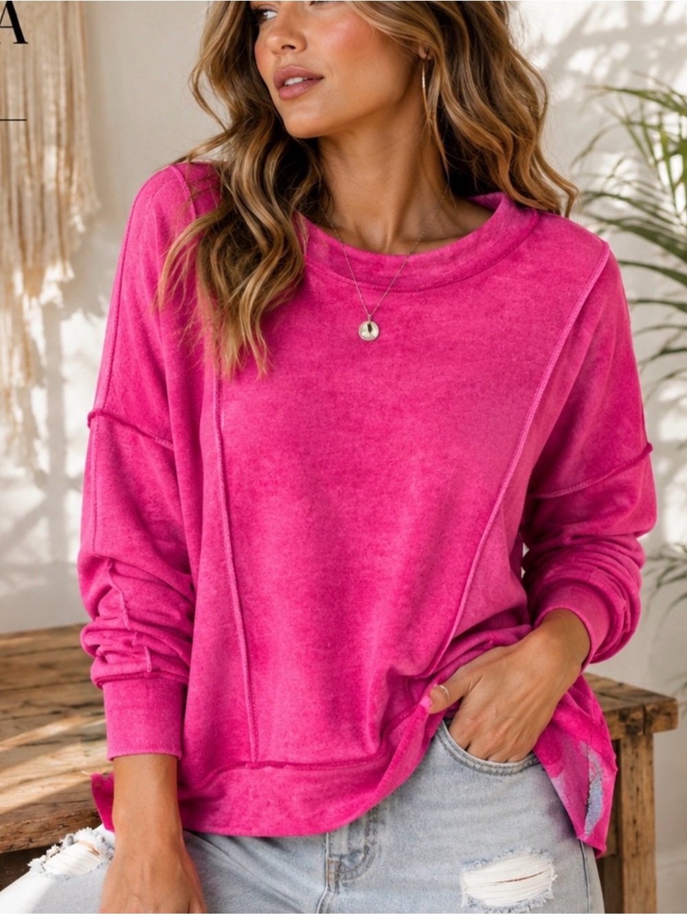 Zenana Hacci Pink Cozy Pullover Sweatshirt